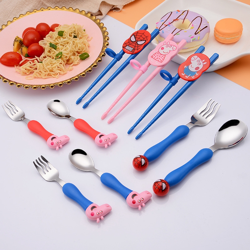 寶寶餐具套裝蜘蛛人不銹鋼勺子叉子筷子卡通可愛兒童餐具三件套