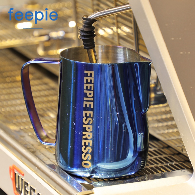 台灣熱銷 feepie咖啡師不銹鋼拉花杯特氟龍尖嘴壓紋拉花缸花式咖啡奶泡鋼杯