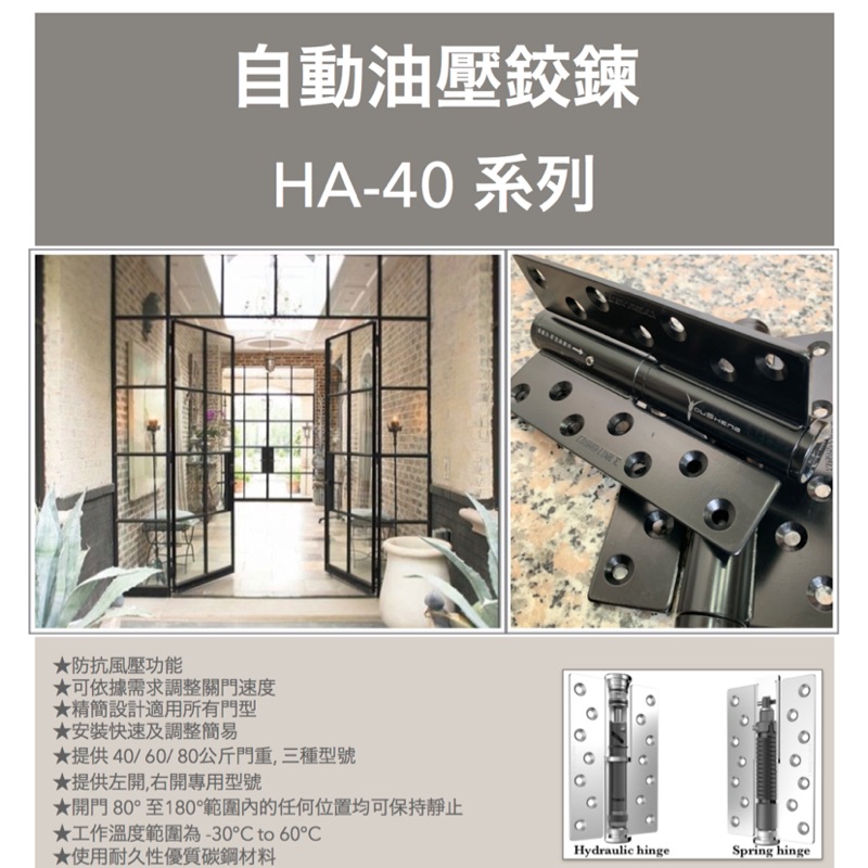 ［⚙️鑫百川精品裝潢五金］次世代自動油壓鉸鏈 HA-40系列 自動回歸鉸鏈 可調可拆 提供40/60/80公斤門重型號