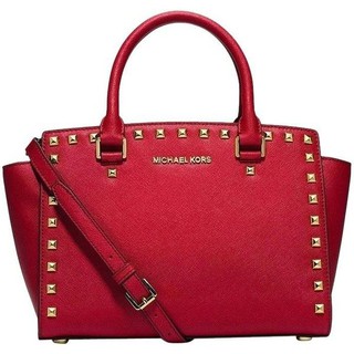 【MICHAEL KORS】MK Selma 金色鉚釘 防刮 牛皮 手提/斜背包 中號 椒紅