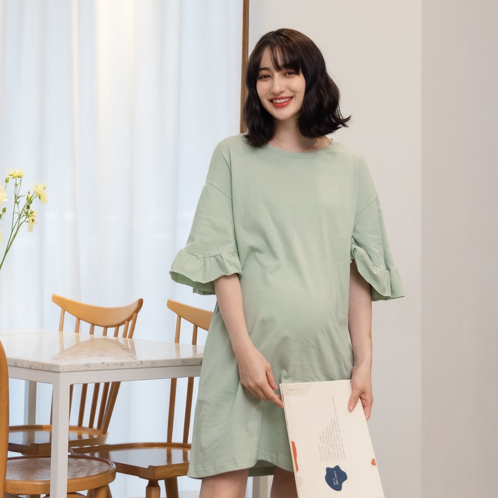 Mamamia孕婦裝 小甜美荷葉袖孕婦洋裝 台灣製 孕婦裝 孕婦裙 洋裝 短袖 連身洋裝 孕婦洋裝 [A1800]