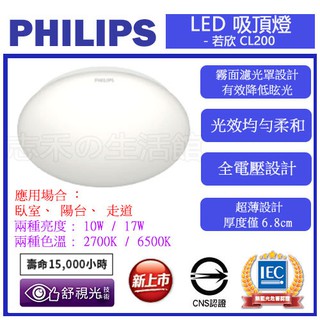 志禾生活 【飛利浦PHILIPS】 LED若欣圓型吸頂燈 CL200 10W / 17W 黃光白光 浴室陽台 保固一年