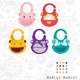 【加拿大MARCUS＆MARCUS 】動物樂園矽膠立體圍兜-大象/粉紅豬/鯨魚/獅子/長頸鹿