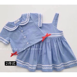 1E2-兩件式 藍白*格紋*學院風兒童涼爽 薄梭織洋裝（22341）