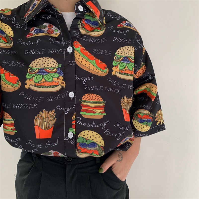 [嬌戀主角]POLO領漢堡印花短袖襯衫 寬鬆鈕扣襯衫 嘻哈