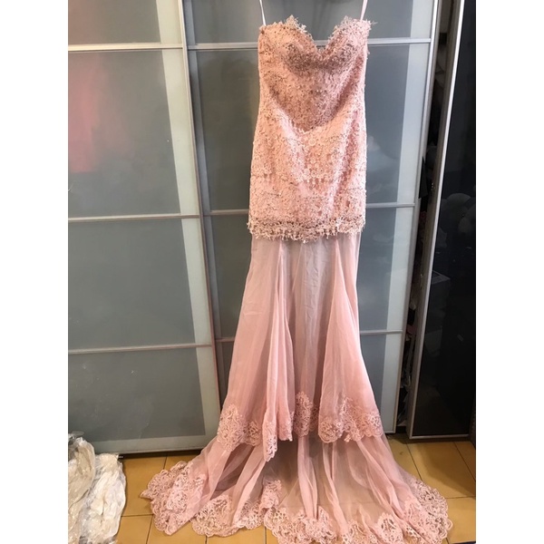 粉色魚尾婚紗禮服桃心領裸紗粉色婚紗