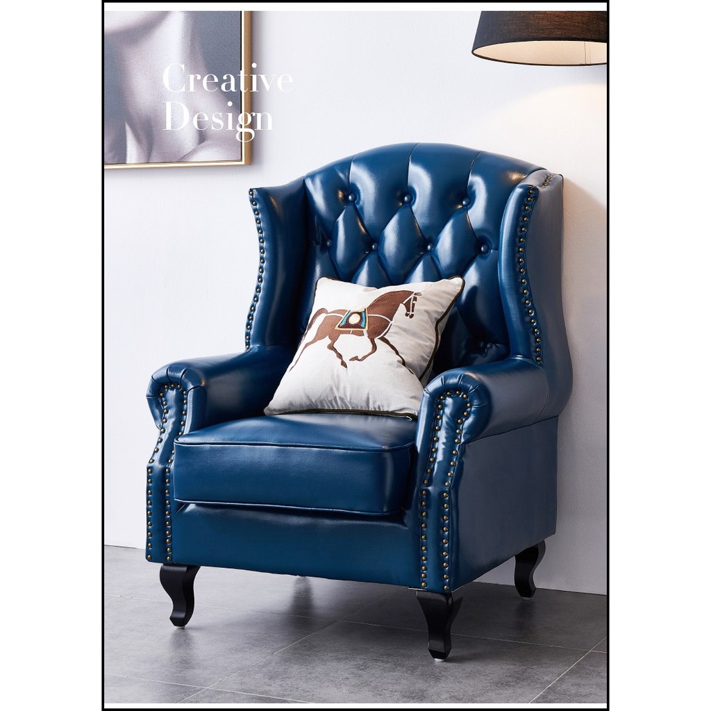 歐舍傢居 美式鄉村主人椅 藍色皮革鉚釘主人椅 高背1人座沙發椅 造型休閒椅 老虎椅 輕奢華風房間椅 單人沙發椅