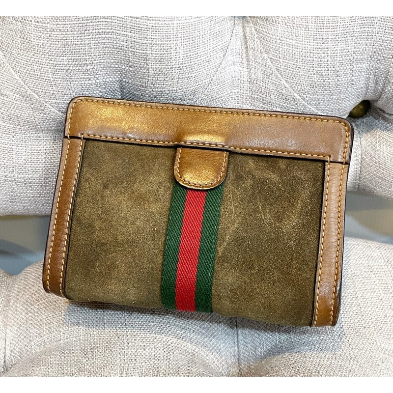 Gucci 二手真品 vintage 古董 麂皮 經典 綠紅綠 收納包 化妝包