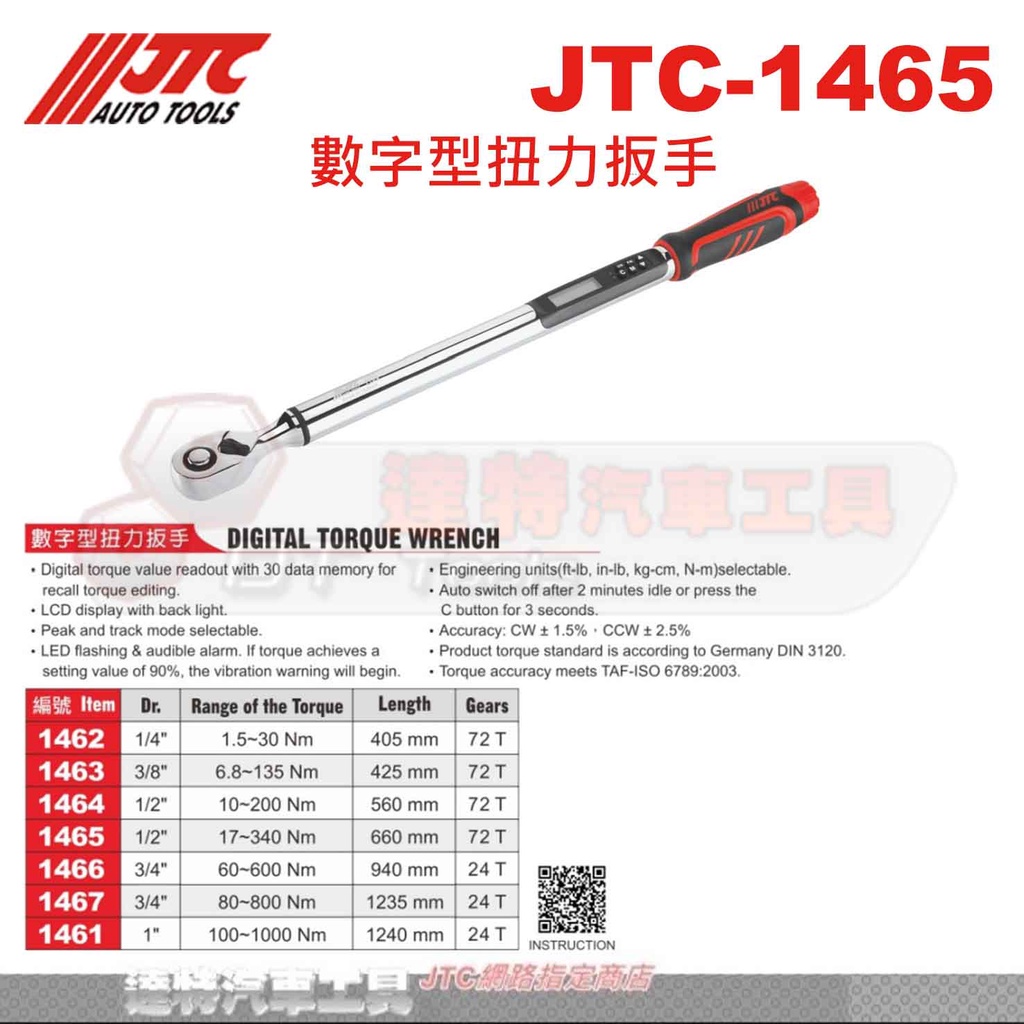 JTC-1465 1/2"數字型扭力板手 4分 17~340Nm 電子扭力扳手 達特汽車工具 機車工具 JTC 1465