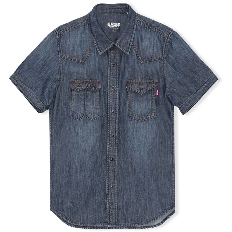 【ERSS】牛仔短袖襯衫 - 男 酵洗藍 K40004