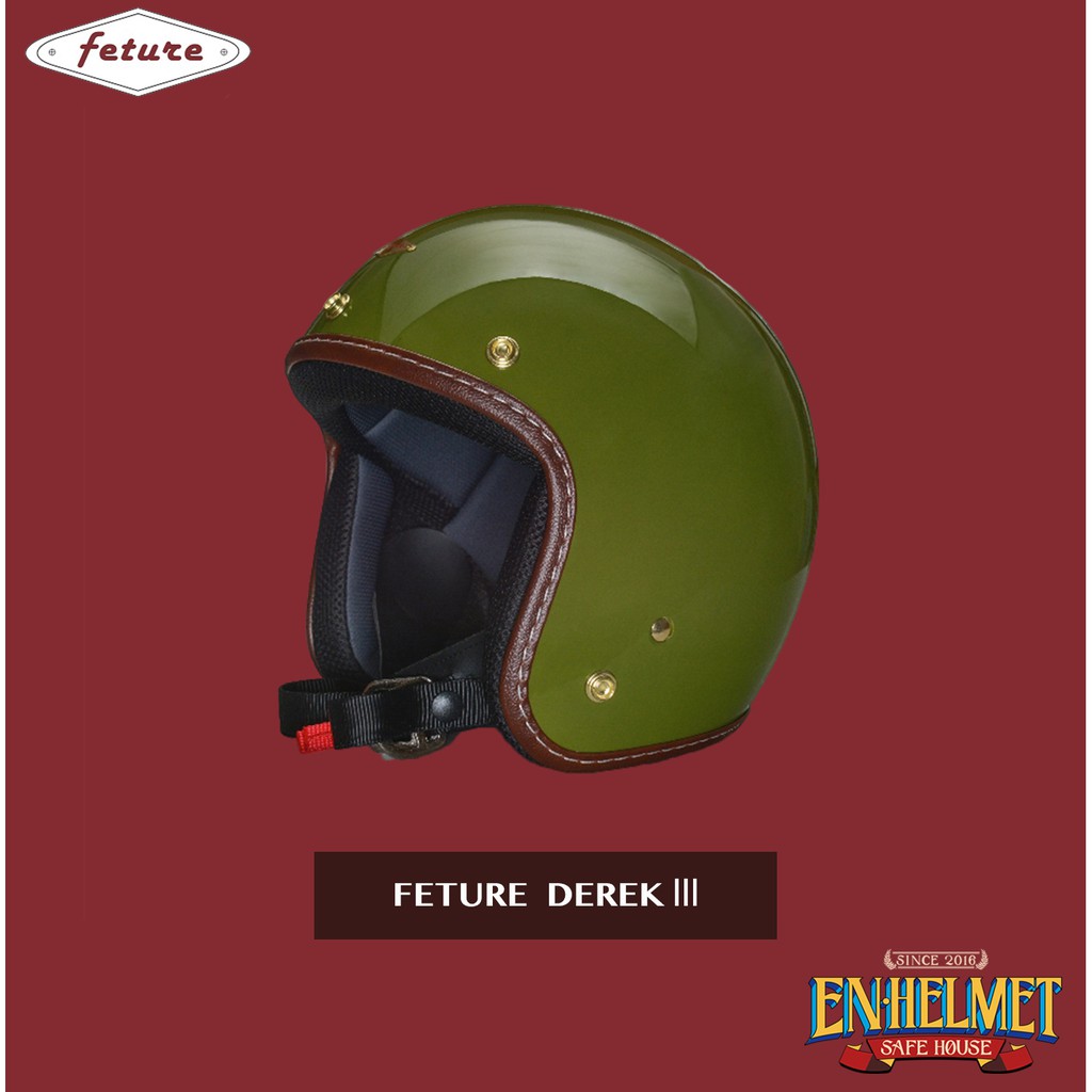 『EN安全帽』免運 Feture Helmet Derek 亞麻綠 皮革 邊條 安全帽 3/4 半罩 復古帽 飛喬