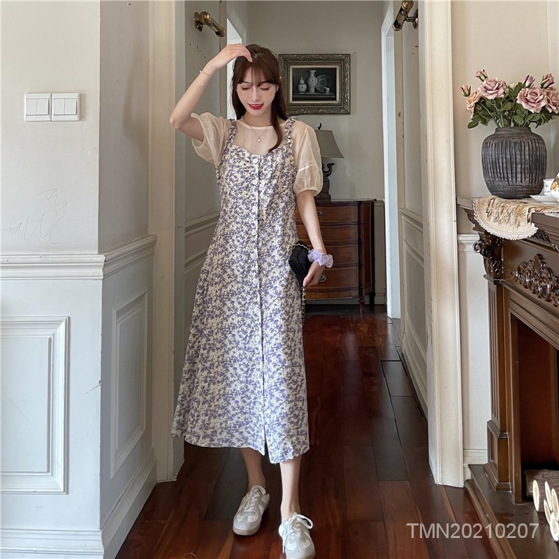 洋裝甜美超仙子女過膝大森系吊帶背帶裙夏季鮮豔長款碎花女 蝦皮購物