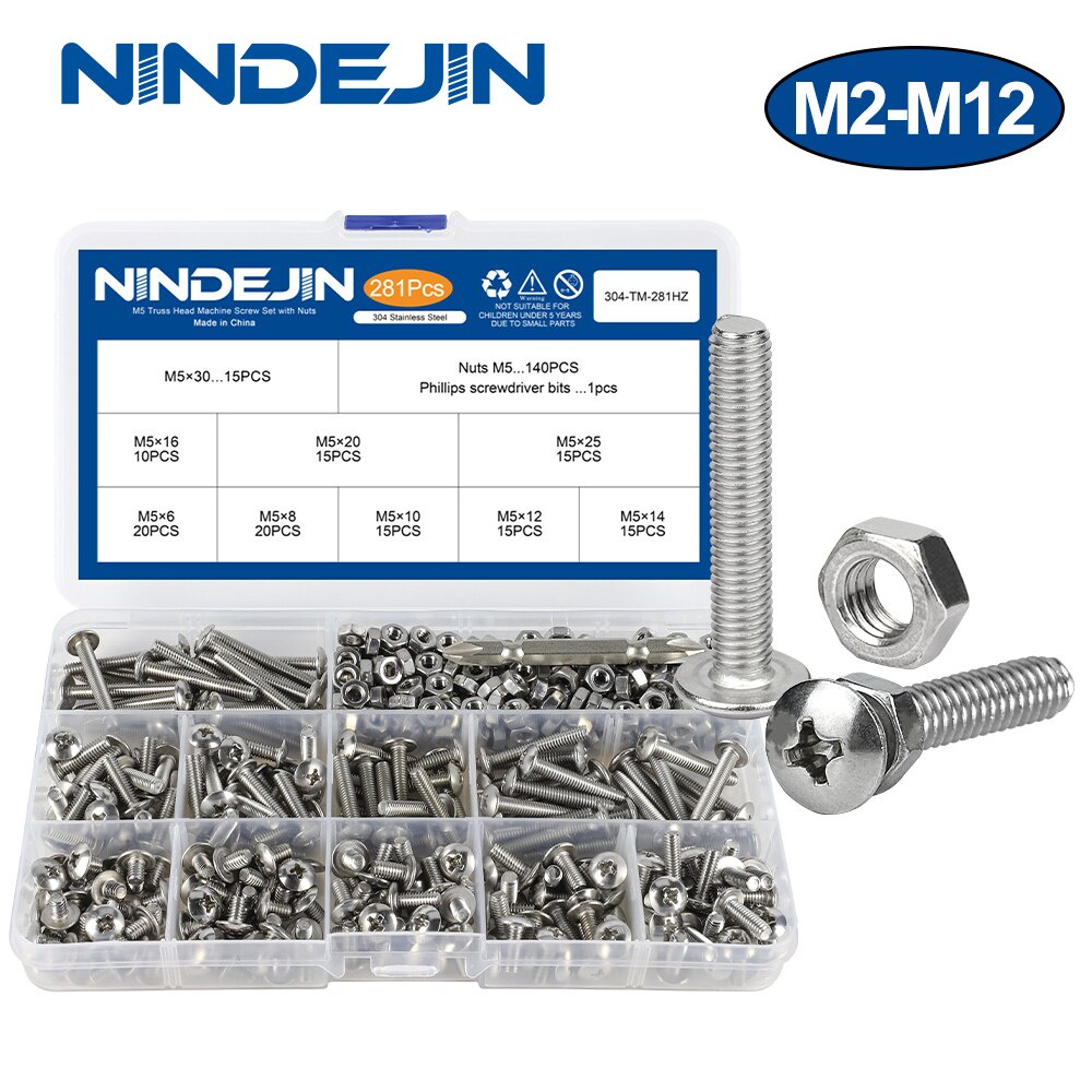 NINDEJIN 圓頭螺絲組 304不鏽鋼螺絲 M3 M4 M5 十字螺絲帶螺母組合套件機械螺絲