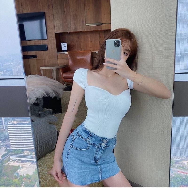 現貨白藍桃心領性感針織上衣藍 白 蝦皮購物