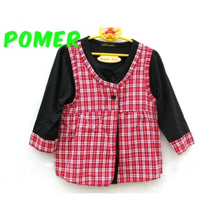 ☆POMER☆日系古著 森林系童話原宿混搭俏皮鄉村鄰家女孩 紅色格紋假兩件吊帶 可愛蝴蝶結 層層蛋糕裙七分袖黑色造型上衣