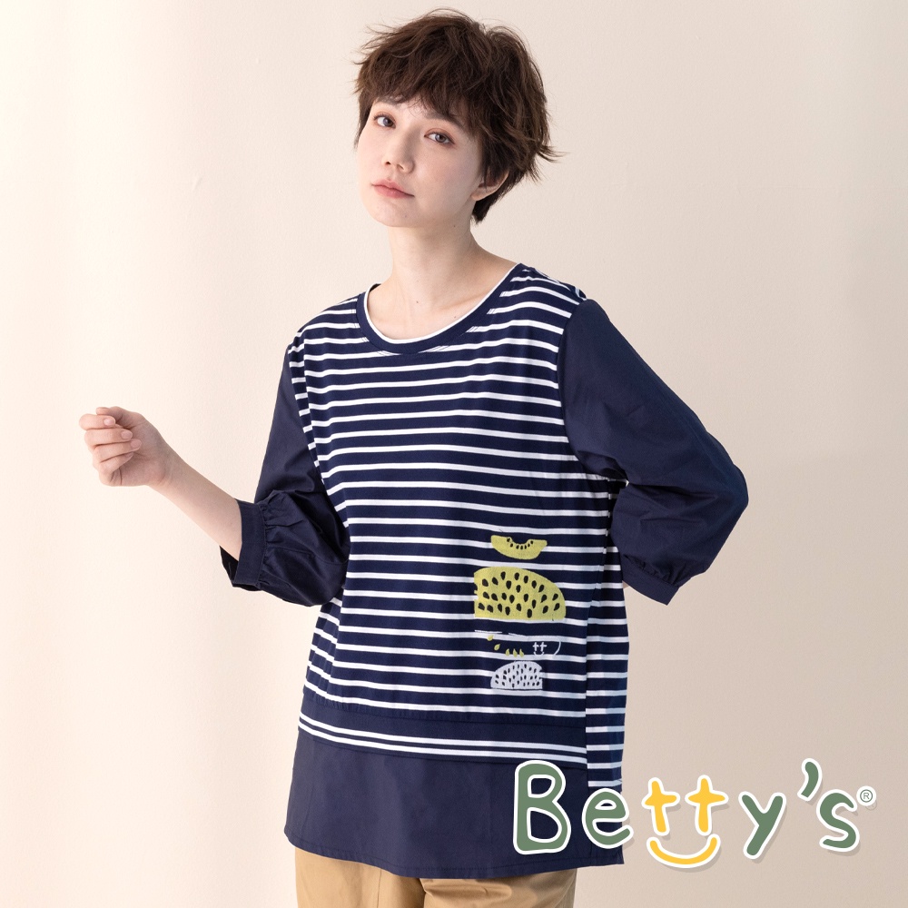 betty’s貝蒂思(11)條紋拼接中長板上衣(深藍)