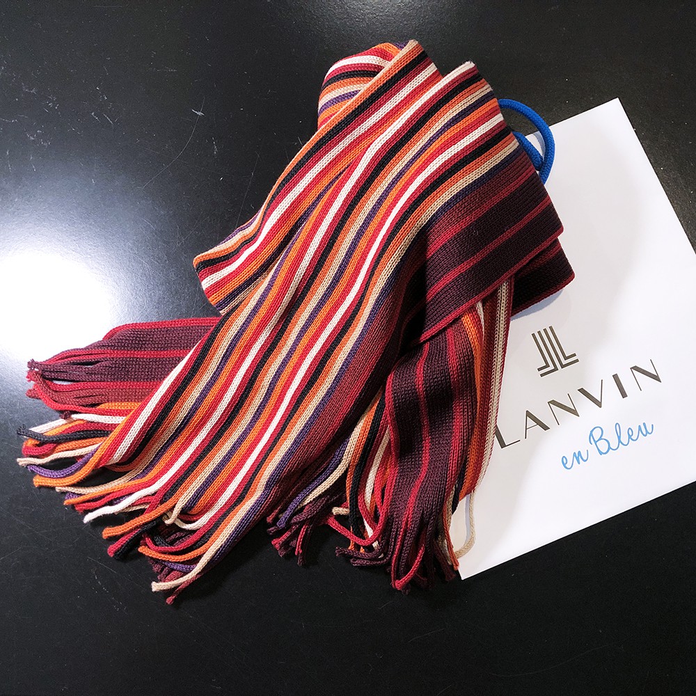 日本限定 LANVIN en Bleu 彩虹條紋 圍巾．橘紅色系．頂級德國製