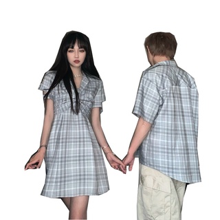 【COUPLE】小众设计感💟💟情侣装夏装蝴蝶结格纹连衣裙女短袖衬衫一衣一裙ins潮