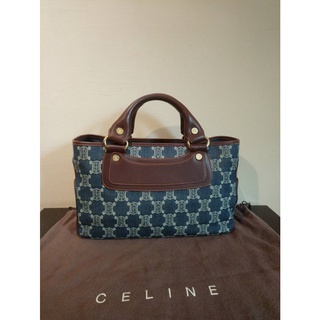 Celine 【名牌真品】丹寧色 LOGO緹花布 皮革 BOOGIE 手提包