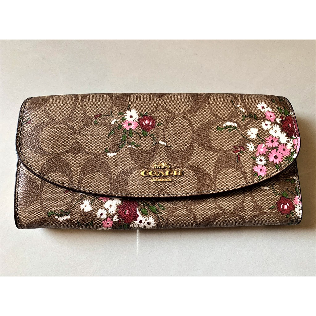 Coach 全新小碎花印花經典logo壓扣長夾 咖啡 蝦皮購物