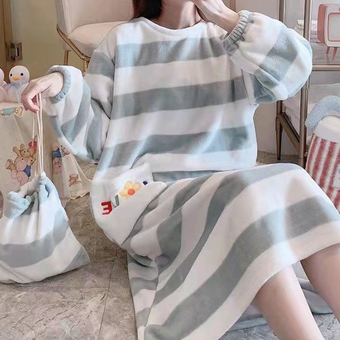 【FUXI】睡裙女 珊瑚絨連身睡裙女 冬季 韓版 甜美公主風 長裙 法蘭絨睡衣 保暖睡衣 家居服