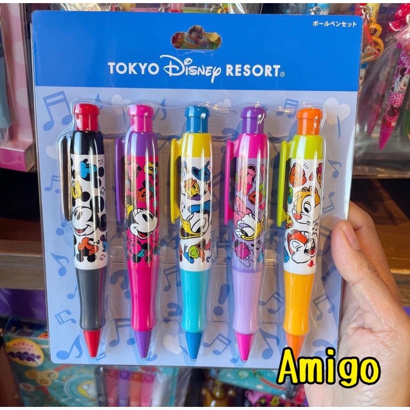 日本 迪士尼樂園 米奇 米妮 唐老鴨 黛西 奇奇蒂蒂 花栗鼠 松鼠 筆 原子筆 黑筆 文具 五隻組