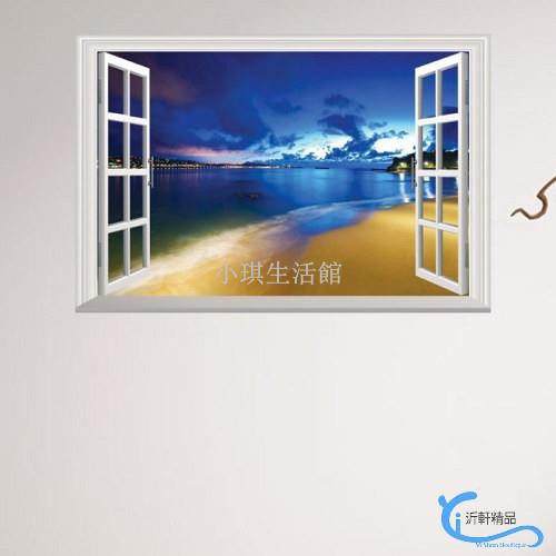 熱銷 藍色沙攤假窗壁貼 3D立體壁貼 貼紙 壁紙 窗貼 E0060 臺灣琪