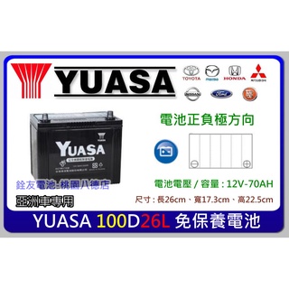 ☆銓友電池☆桃園電池☆實體店面 YUASA 100D26L 免保養汽車電池 LS400.RX450.ESCAPE