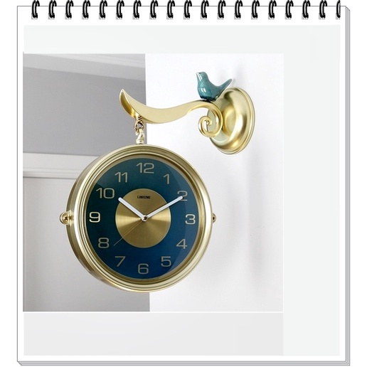 歐舍傢居 金色雙面鐘 現代風時鐘 小鳥塑料藍色 素面時鐘 掛鐘 兩面時鐘 簡約鐘大鐘面石英鐘靜音機芯兩面鐘 壁鐘