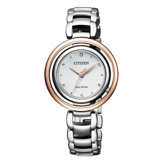 CITIZEN 星辰錶 L系列 光動能真晶鑽同心圓設計女錶-粉紅金x銀(EM0668-83A)30.5mm