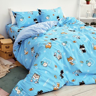 戀家小舖 台灣製床包 單人床包 薄被套 床單 逗柴貓藍 床包被套組 含枕套 磨毛多工法處理