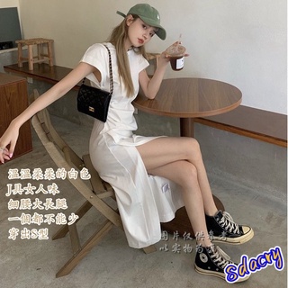 【Sdacry】白色T卹洋裝 女裝 緊身開叉裙 長裙 連衣裙 夏季新款女氣質薄款白色顯瘦裙子運動長裙打結收腰法式a字長裙