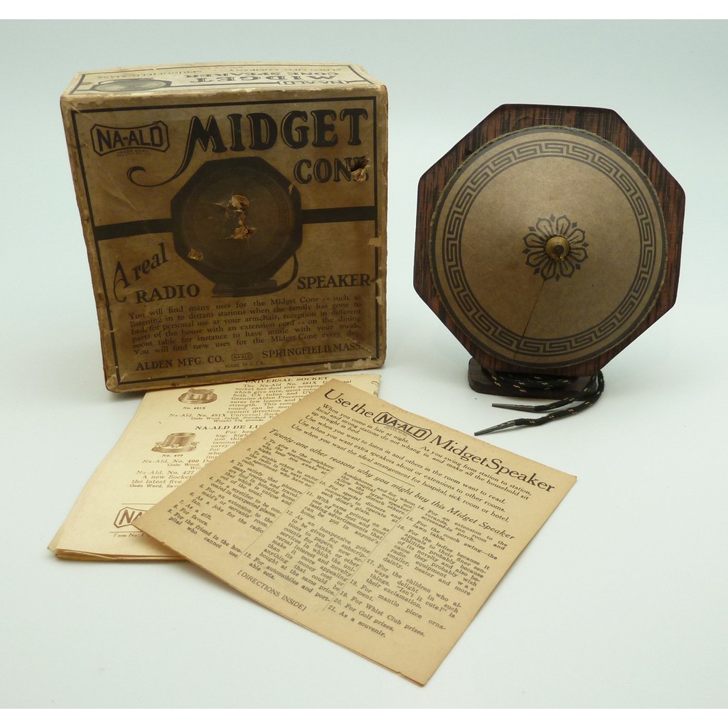 1927年美國ALDEN公司NA-ALD品牌產製之真空管收音機與擴大機用立式圓錐凸盆壓電式揚聲器喇叭，老庫存全新品！