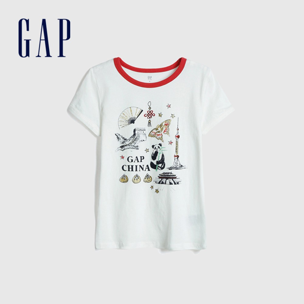 Gap 女童裝 Logo棉質China印花短袖T恤-白色(584310)