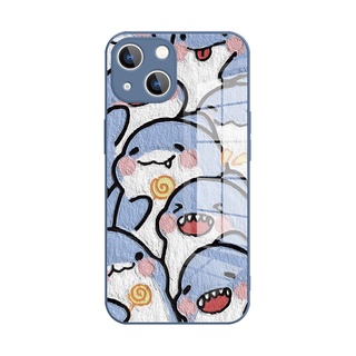 油畫小鯊魚蘋果15pro手機殼iphone14新款11promax液態玻璃8plus可愛ip7卡通12mini情侶xr女