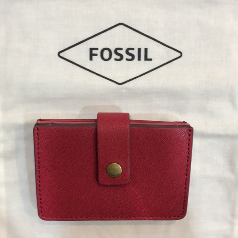(全新）Fossil mini wallet 鈕扣拉鍊真皮RFID輕巧短夾（卡夾）-酒紅色