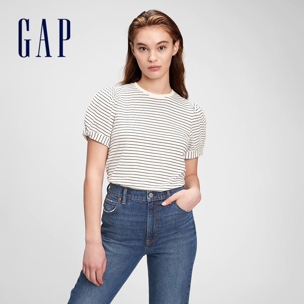 Gap 女裝 復古條紋捲邊泡泡袖T恤-海軍藍條紋(831473)
