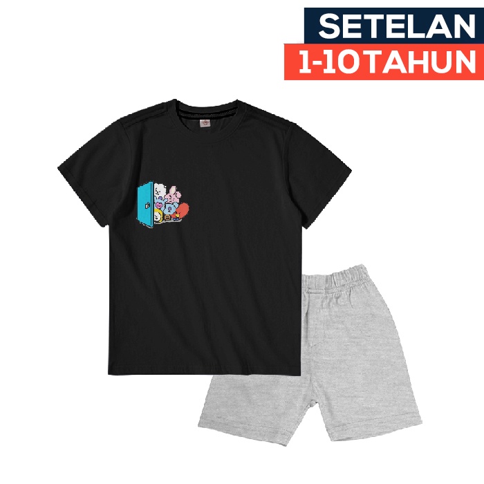 Hitam 中性女孩和男孩衣服套裝 1-10 歲 BT21 黑色圖案