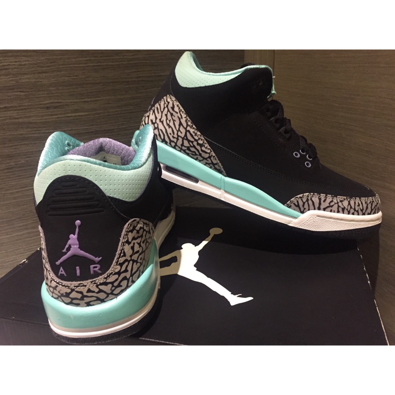 正品Air Jordan 3代retro爆裂紋超美Tiffany 綠粉紫配色 極新+涼鞋