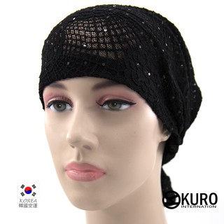 KURO-SHOP韓國進口黑色蕾絲亮片免綁頭巾