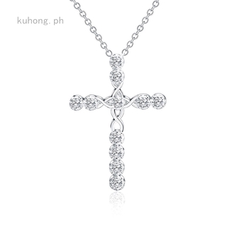 女士 925 純銀鍍全鑽石水晶十字架吊墜項鍊