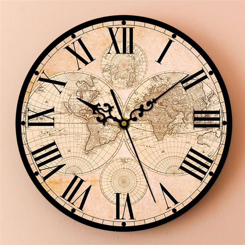 17世紀古董世界地圖美術印刷掛鐘12英寸世界歷史地圖時鐘羅馬數字靜音亞克力鐘錶家居藝術裝飾牆鍾禮品