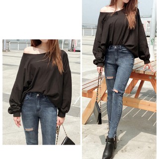 「M~XL。臺灣現貨」2色 蓬蓬袖 寬領不修邊 棉質上衣 (C2120)