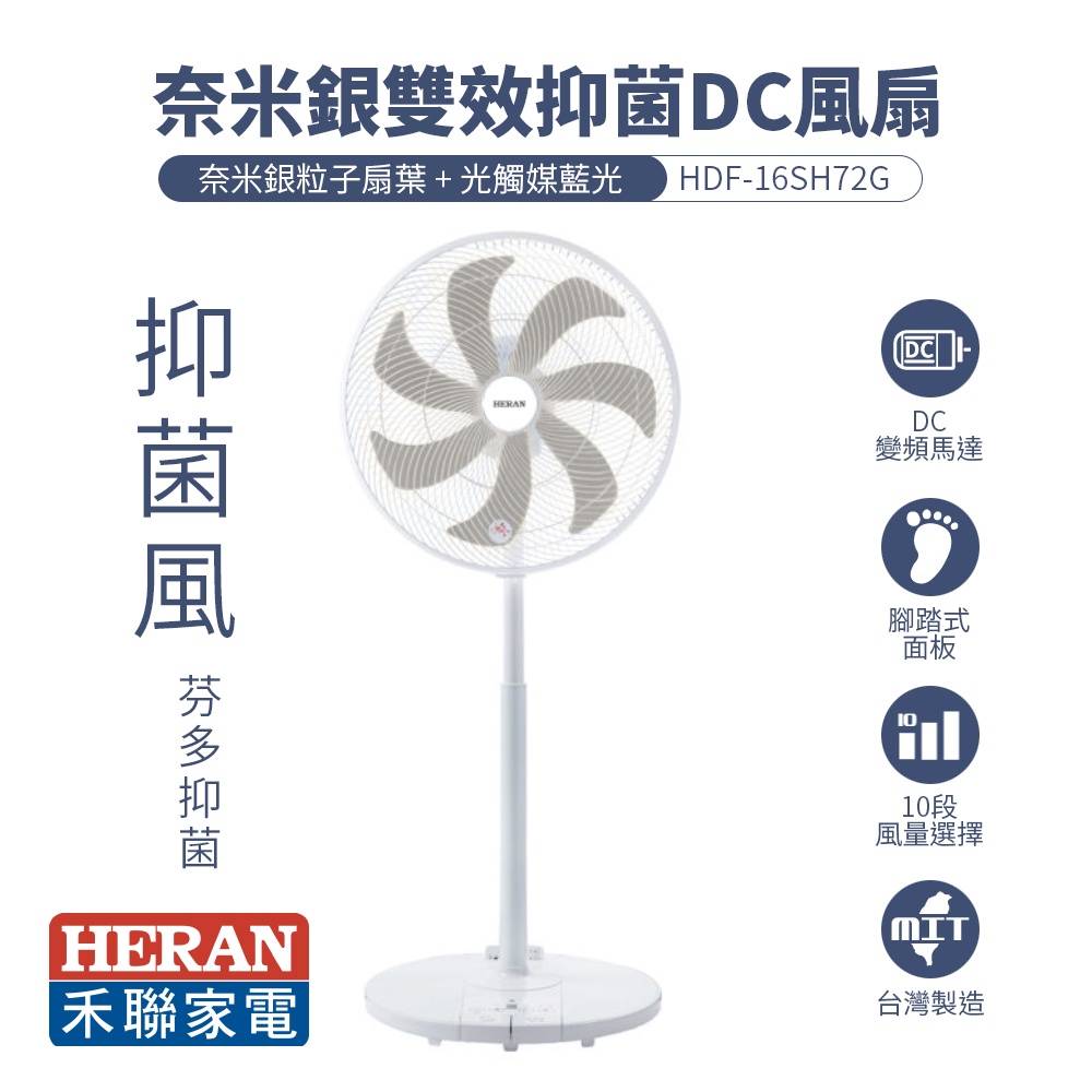 【有購豐-涼夏必備】 禾聯 HDF-16SH72G 奈米銀雙效抑菌DC風扇｜台灣製造