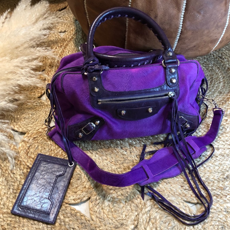 Balenciaga 巴黎世家機車包 twiggy 馬毛皮草古董包鮮豔紫 可肩背包手提包