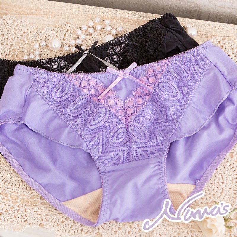 【露娜斯Nunas】雙色紫蝶 蕾絲舒適貼身包臀三角內褲 (紫 黑) 台灣製