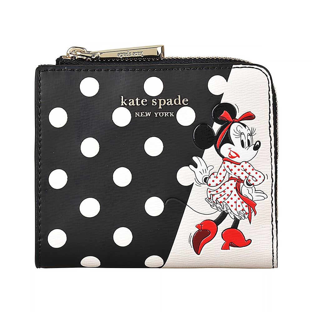 Kate Spade DISNEY X KATE 金字LOGO設計雙折式皮革6卡拉鍊米妮短夾 (黑/多色)