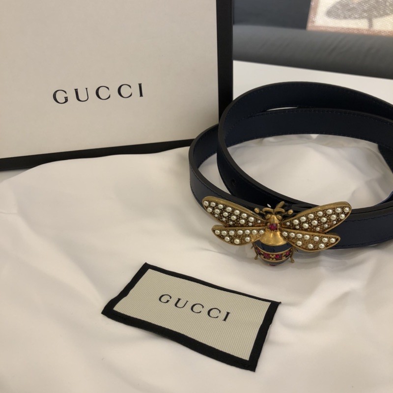 Gucci 全新 蜜蜂珍珠深藍皮帶腰帶 保證正品
