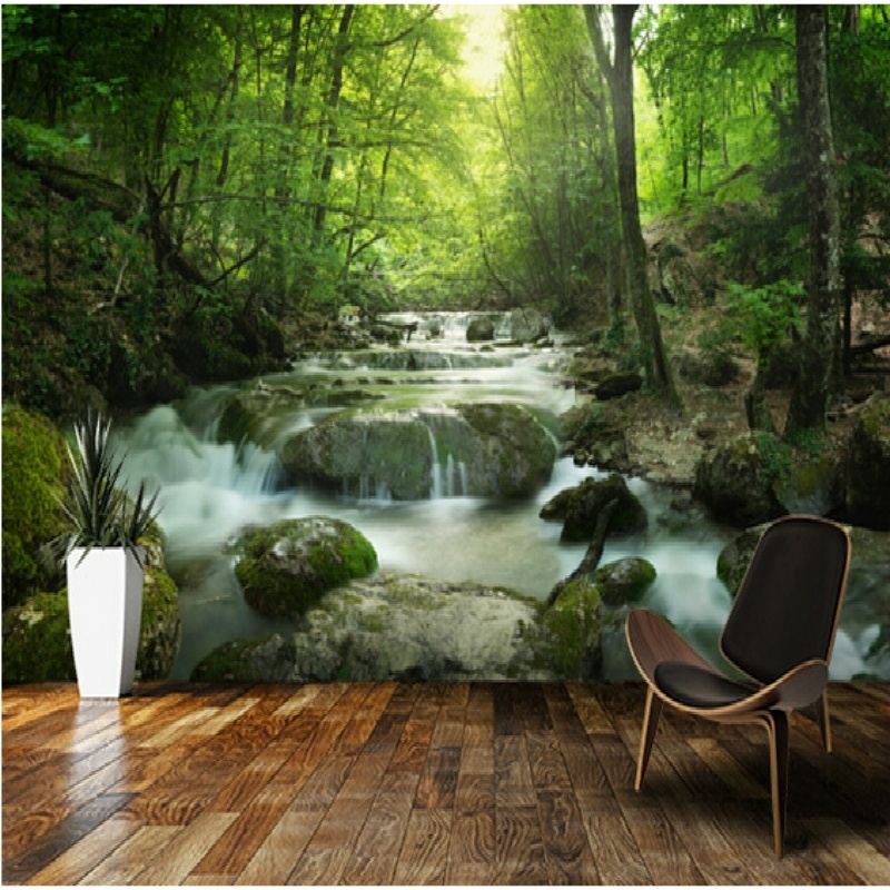 定制照片風景壁紙森林瀑布3D壁畫臥室客廳沙發背景牆自粘牆紙貼紙
