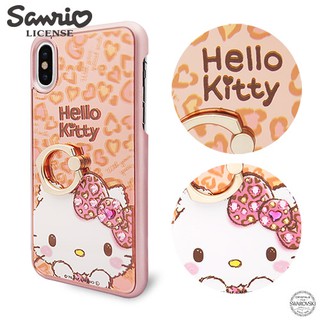 三麗鷗 Kitty iPhoneXS/iPhoneX 5.8吋施華彩鑽鏡面指環扣手機殼-豹紋凱蒂